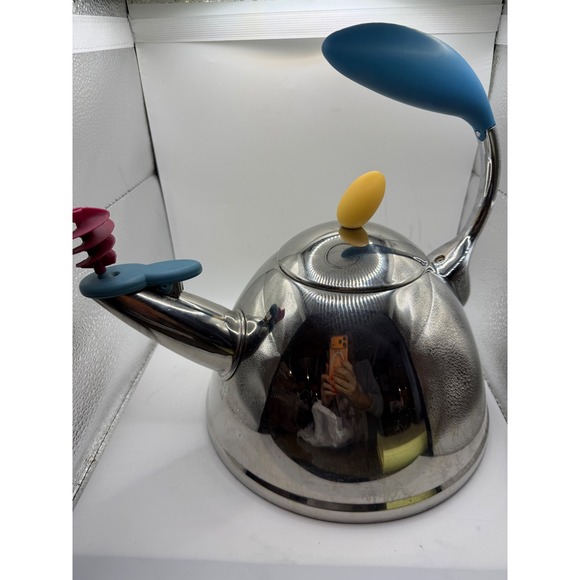 Michael Graves Design Stainless Steel Tea Kettle Blue Handle MaroonWhistle